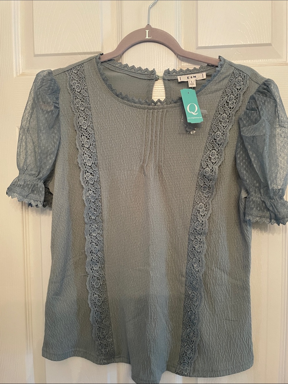 E&M Lace-Trim Puff Sleeve Blouse in Sage Green